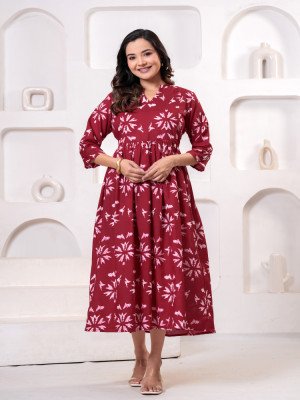 Maroon Floral Maternity Midi Dress
