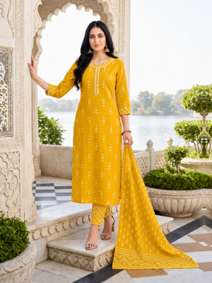 Yellow Printed Kurta Pant and Dupatta Set