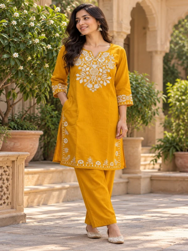 Mustard Emroidered Kurta Pant Set