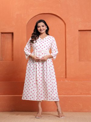 Pink Heart Printed Maternity Midi Dress