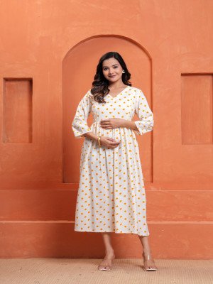 Yellow Heart Printed Maternity Midi Dress